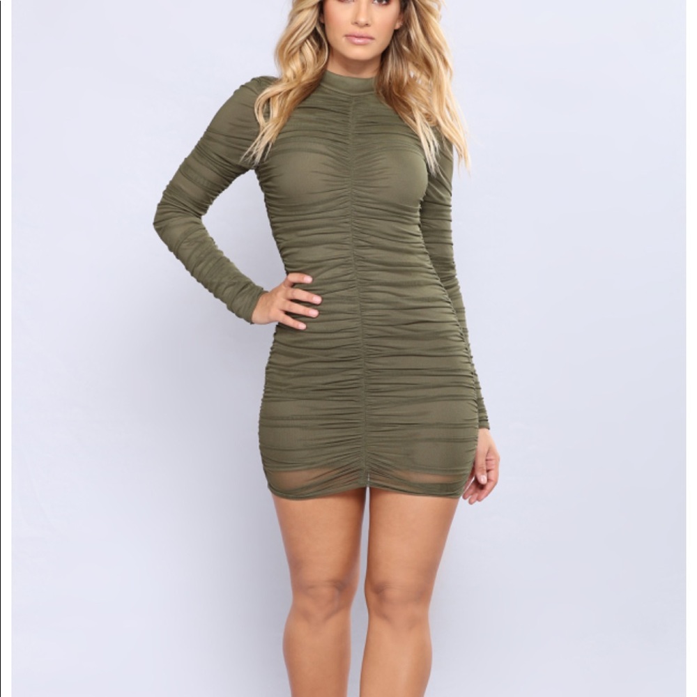 Fashion Nova Olive Green Ruched Dress